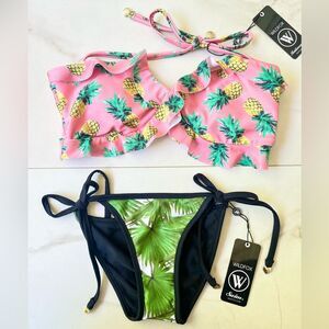 Nwt Wildfox pineapple palm leaf ruffle bikini set